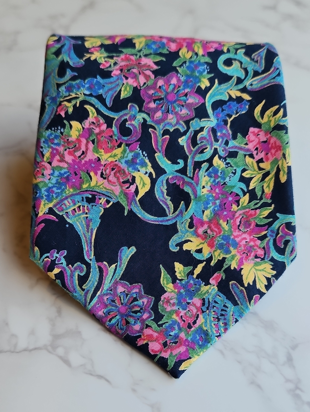 TANGO By Max Raab Vintage Cotton Floral Tie Navy Pink & Teal Abstract - Picture 1 of 5
